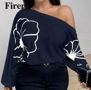 Navy Blue Floral Plus Size Off The  Shoulder Women's Top